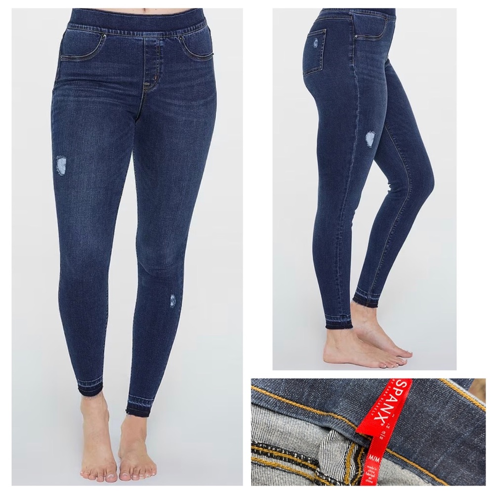 SPANX Jeans Denim Distressed High Rise Elastic Waist Jeggings Dark Wash Medium